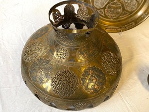 lot 17 image: Middle Eastern Metal Lamp Shade, Platter and Two Bowls