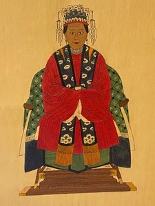 lot 9 image: Pair of Chinese Painted PeopleCharacters on Wood