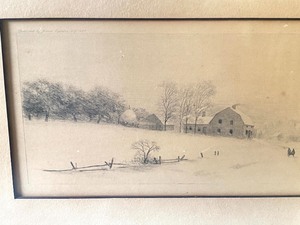 lot 14 image: Antique Framed Pencil Drawing of Farm Scene