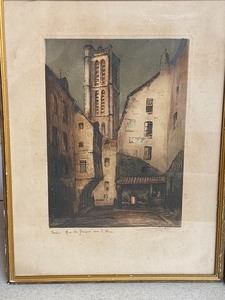 lot 73 image: Two Vintage Colored Etchings- Scenes from Paris