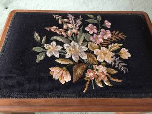 lot 263 image: Vintage Wooden Stool with Embroidered Top