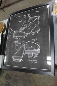 lot 39 image: E.E. Roewade Football Shoe Patent 1,677,370 July 17 1928 Framed Wall Art 1THx26Wx32H
