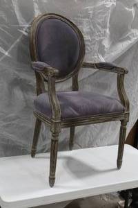 lot 6 image: Wood Formal Dining Arm Chair Padded Purple 23Wx19Dx40H