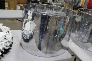 lot 17 image: Chandelier Silver with Crystals Inside Metallic Blue Barrel Shade 4-lamp 24Dx18H