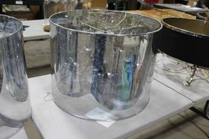 lot 118 image: Chandelier Silver with Crystals Inside Metallic Blue Barrel Shade 4-lamp 24Dx18H