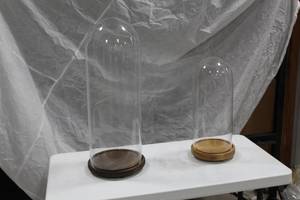 lot 122 image: Lot of (2) Restoration Hardware Clear Glass Cloche with Wood Base (in box)