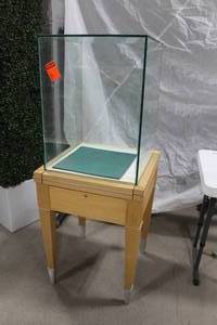 lot 101 image: Glass Display Case on Wood Table 22Lx22Wx56H