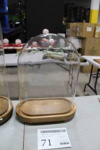 lot 71 image: Restoration Hardware Clear Glass Cloche with Wood Base 13Lx8Wx17H