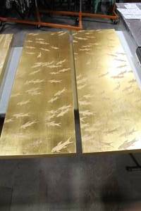 lot 75 image: Lot of (3) Panel Wall Dcor Fish Print Gold 16Wx2Dx47-14H