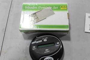 lot 149 image: Lot of (2) Games - Wooden Dominoe Set (in box), Catch Phrase