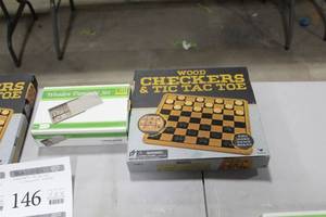 lot 146 image: Lot of (2) Wood Board Games - Wooden Dominoe Set, Checkers & Tic Tac Toe (in box)
