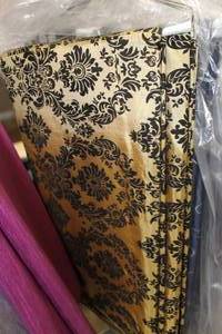 lot 85 image: Lot of (3) Tablecloth Black & Tan Print 120D
