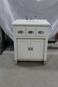 lot 165 image: Wood Bathroom Vanity Sink Cabinet 29Wx22Dx36H  with Counter Sink, Chrome Fixtures, Chrome Pulls, 2-door and 2-drawer Storage, Hide-A-Step