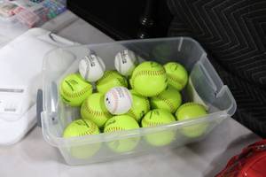 lot 197 image: Lot of (14) Softballs and Baseballs - Softball (x12), Baseball (x1), Soft Baseball (x2)