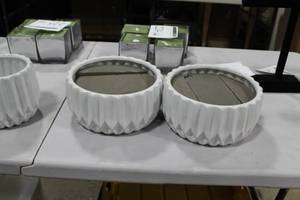 lot 229 image: Lot of (2) Ribbed Vase White  9-12Dx 4-12H  with Floral Foam Insert