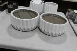 lot 232 image: Lot of (2) Ribbed Vase White  9-12Dx 4-12H  with Floral Foam Insert
