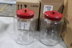 lot 368 image: Lot of (2) Anchor Hocking Montana Jar 2-12 Gallon with Red Lid 9Dx13-14H (in box)