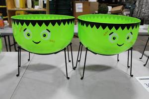 lot 381 image: Lot of (2) Halloween Candy Bowl with Stand Lime Green 13-12Dx13-12H