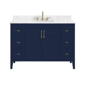 Home Decorators Collection Sturgess 49 in. W x 22 in. D Bath Vanity in Navy Blue with Marble Vanity Top in Carrara White with White Basin, 19111-VS49-NB.  Scratch and Dent, Broken Leg, Top in nice condition.