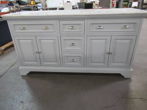 Home Decorators Collection Sadie 67 in. W x 21.5 in. D Vanity in Dove Grey with Marble Vanity Top in Natural White with White Basins MD-V1834, Slight Scratch and Dent, Cracked Top, Cracked Center Leg, Broken Back Panel. For Restore.