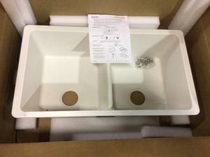 Quartz Classic Undermount Composite 33 in. 5050 Double Bowl Kitchen Sink in White by Elkay Customer Returns See Pictures&nbsp