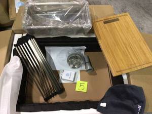 lot 5 image: All-in-One Undermount Stainless Steel 27 in. Single Bowl Kitchen Workstation Sink with Faucet and Accessories Kit by Glacier Bay Customer Returns See Pictures 
