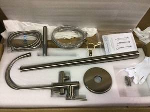 lot 31 image: 1-Handle Freestanding Floor Mount Tub Faucet Bathtub Filler with Hand Shower in Brush Nickel by AKDY Customer Returns See Pictures 