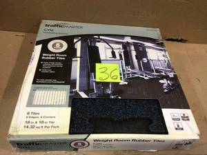 lot 36 image: TrafficMaster Black with Blue Flecks 18 in. x 18 in. x 0.3 in. Rubber GymWeight Room Flooring Tiles (14.32 sq. ft.) Customer Returns See Pictures 
