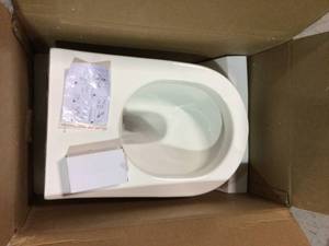 lot 117 image: St. Tropez Wall Hung Toilet Bowl 0.81.28 GPF Dual Flush Elongated in White by Swiss Madison customer Returns See Pictures