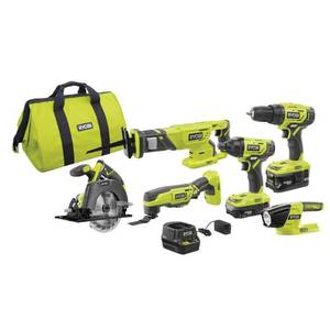 Ryobi 18-Volt ONE Lithium-Ion Cordless 6-Tool Combo Kit with Charger, and Bag - Missing Batteries and Tool Accessories.P1819 - USED.