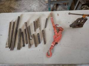 lot 447 image: Assorted Chisels, Come-Along, & Pip...