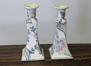 lot 730 image: Hand Painted Stylized Floral Porcelain Candlestick Holders