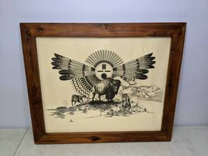 lot 403 image: Framed Art Print Zuni Sunface with Bison & Wolves