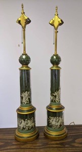 lot 529 image: Pair of Double Socket Table Lamps with Roman Chariot Design