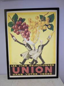 lot 344 image: Large Vintage Style Framed Advertisement Les Vins Selectionnes Union Dans Votre Verre