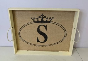 lot 567 image: Wood & Burlap Tray with Handles