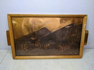 lot 177 image: Vintage Signed Copper Desert Scene in Wood Frame