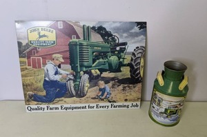 lot 596 image: John Deere Reproduction Tin Sign & Mini Milk Jug