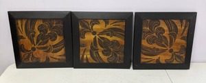 lot 383 image: Three Piece Framed Stylized Floral Wood Burn Art