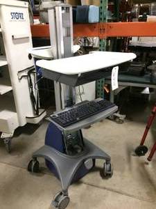 lot 9 image: WOW MSRP $4000 Ergotron StyleView Industrial Grade Mobile Laptop Or Stand UpSit Locking (With Keys) Computer Workstation Height Adjustable Platform Medical COW Cart - Electronics Not Included - Lower Front Panel Missing