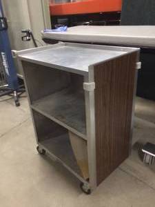 lot 30 image: MSRP $600 Lakeside Wood Grain Semi Enclosed Three Tier Stainless Steel Bus Cart - Good Condition - Needs Dusting - Dishes Etc Not Included...