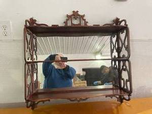 Refined Beauty&nbsp Chinese Chippendale Style&nbspWall Mount Whatnot Mirror Curio Miniature Display Shelf Chinoiserie with Detailed Fretwork - Excellent Condition