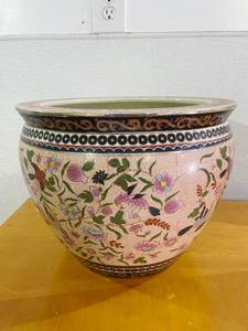 WOW Fantastic Vintage Large 14 ChineseJapanese Birds Floral Scene Koi Fish Bowl Planter Jardiniere With Rare Intricate Raised Beading Throughout&nbsp Check Out The Masters Mark On The Bottom&nbsp Great Condition Age Related Wear Inside Bowl
