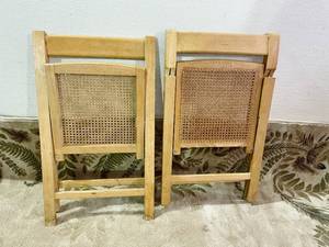 Retro MCM 1970s Wood Folding Chairs With Cane Seats - A Pair - Caning On Seats Good Condition