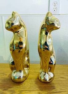 2&nbspVintage&nbspMCM Porcelain Siamese Cool Cats Gold Metallic 11 Tall - Great Condition