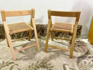Retro MCM 1970s Wood Folding Chairs With Cane Seats - A Pair - Caning On Seats Good Condition