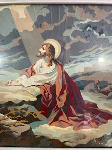 Old Vtg 1950s Religious Christian Paint By Numbers Jesus Christ Praying Painting In Antique Gold Ornate Gesso &amp Wood Frame - Age Appropriate Wear