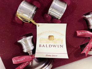 New In Vintage Box&nbspBaldwin Brass Hostess Set - 2 Candle Sticks &amp 4 Napkin Rings Platinum Mist Satin Nickle Pewter