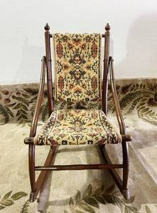 Antique 1930s Faux Bamboo Spindle Top Rocking Chair With What Appears Top Be Rugs For The Upholstery - Excellent Condition