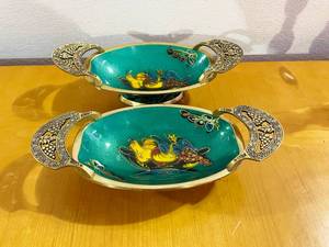 Fantastic PAIR&nbspVintage Israel 1950s MCM Judaica Enamel and Brass Ornate Pedestal Fruit Bowls - Great Condition - One Handle Is Missing A Bolt To Hold It Partially In Place - See Pic